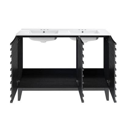 Cascade 48 in. Black Oak, Double Basin Bathroom Vanity With White, 3-Hole Centerset Ceramic Sink Top