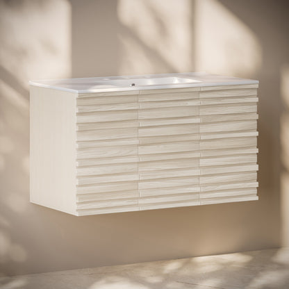 Cascade 36" Wall-Mounted Bathroom Vanity in White Oak with 3-Hole Widespread Sink Top