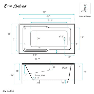 Voltaire 72" x 36" Right-Hand Drain Alcove Bathtub with Apron and Armrest