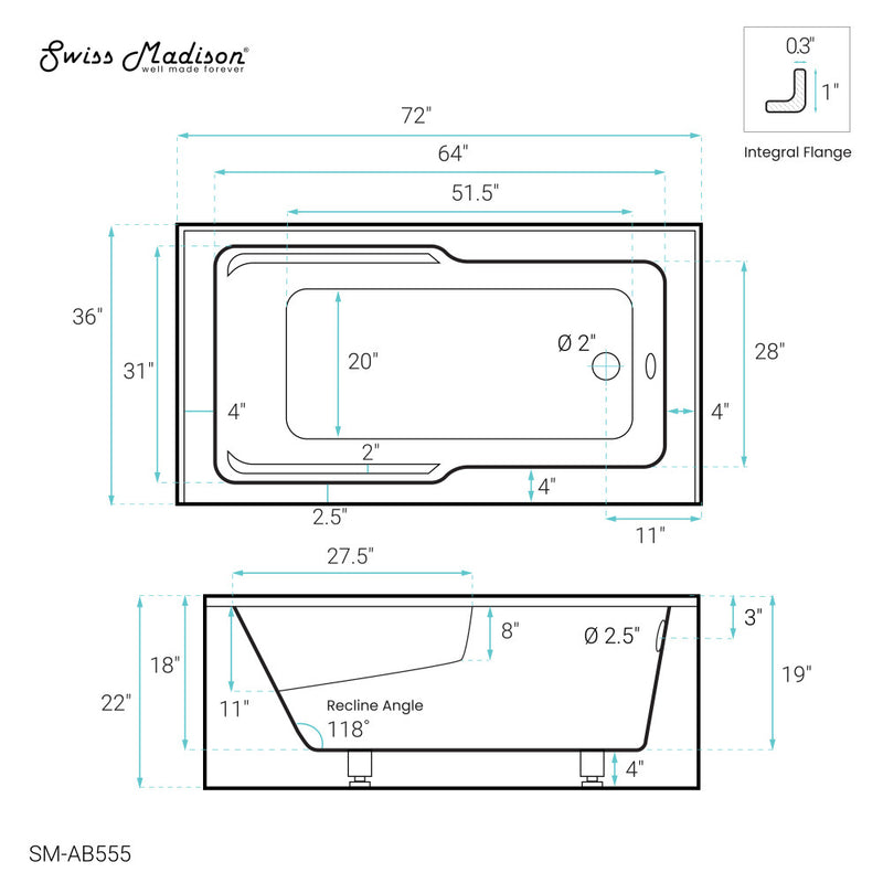 Voltaire 72" x 36" Right-Hand Drain Alcove Bathtub with Apron and Armrest