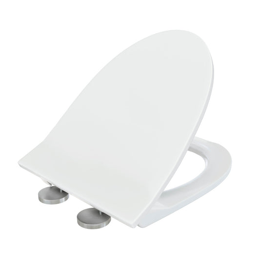 White toilet seat with quick-release hinges, elongated shape.
