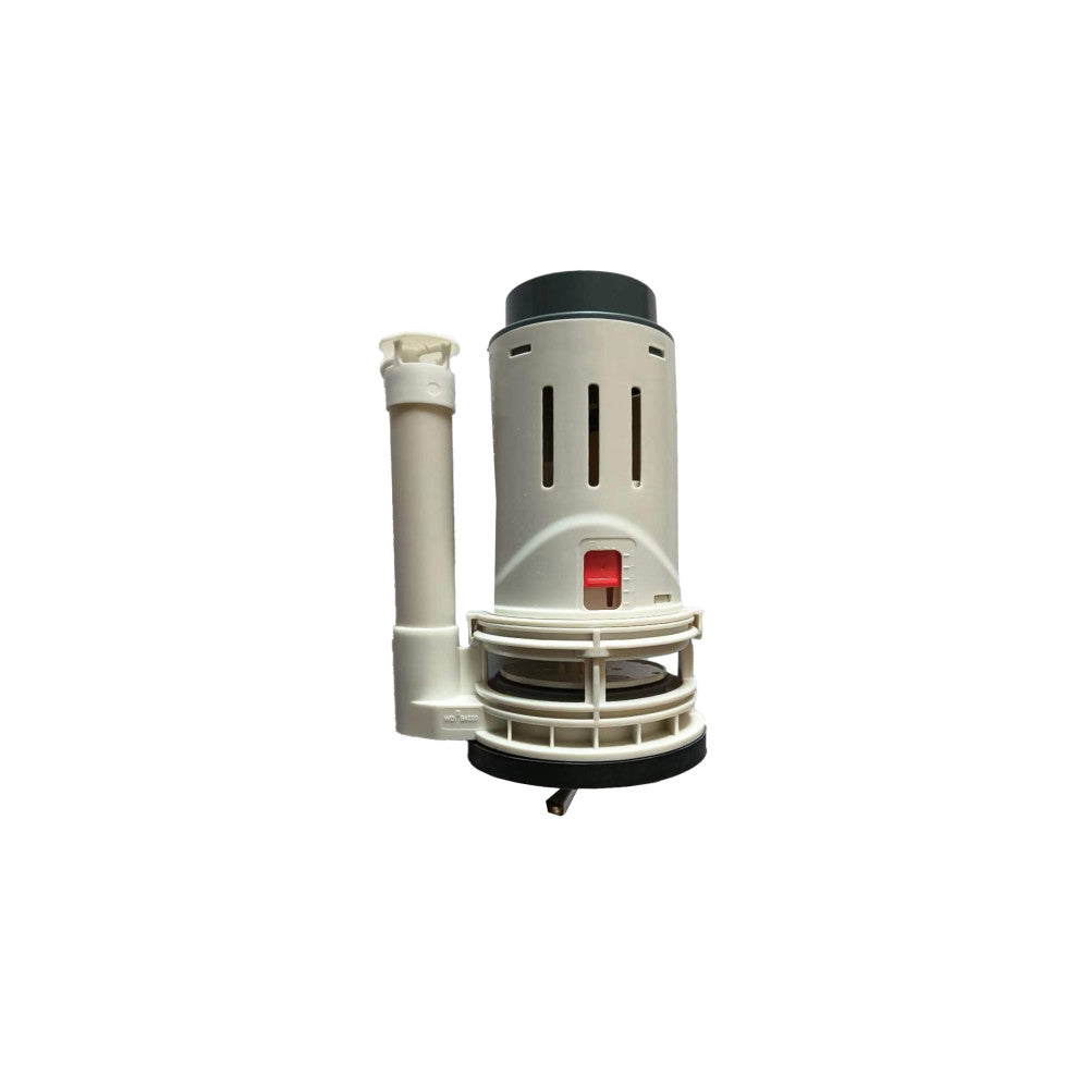 Flush valve in white plastic with red lever and adjustable internal components.