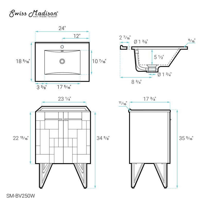 Annecy 24" Freestanding Bathroom Vanity in Mondrian White with Sink Top
