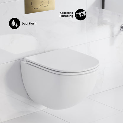 St. Tropez Wall-Hung Toilet Bundle 0.8/1.6 GPF Dual Flush in Glossy White with Brass Flush Plate