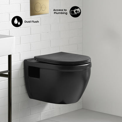Ivy Wall-Hung Toilet Bundle 0.8/1.6 GPF Dual Flush in Matte Black with Brass Flush Plate
