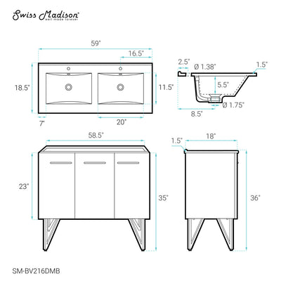 Annecy 60 in. White, Double Basin Bathroom Vanity With Black Artificial Stone Sink Top