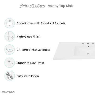 48" Ceramic Vanity Top with Three Faucet Holes