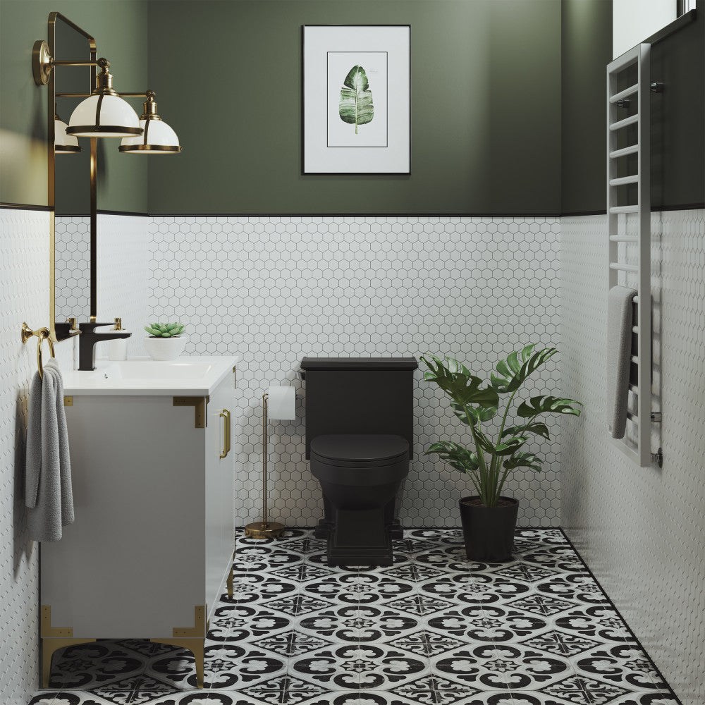 Elongated one-piece toilet in matte black with left side flush handle and 1.28 gpf water usage.