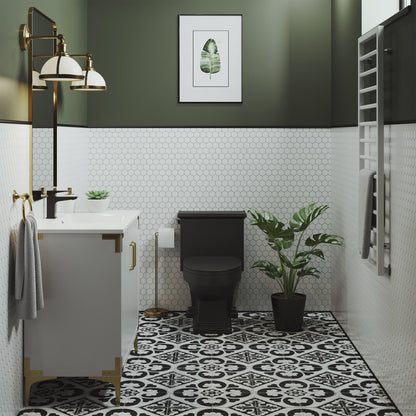 Elongated one-piece toilet in matte black with left side flush handle and 1.28 gpf water usage.
