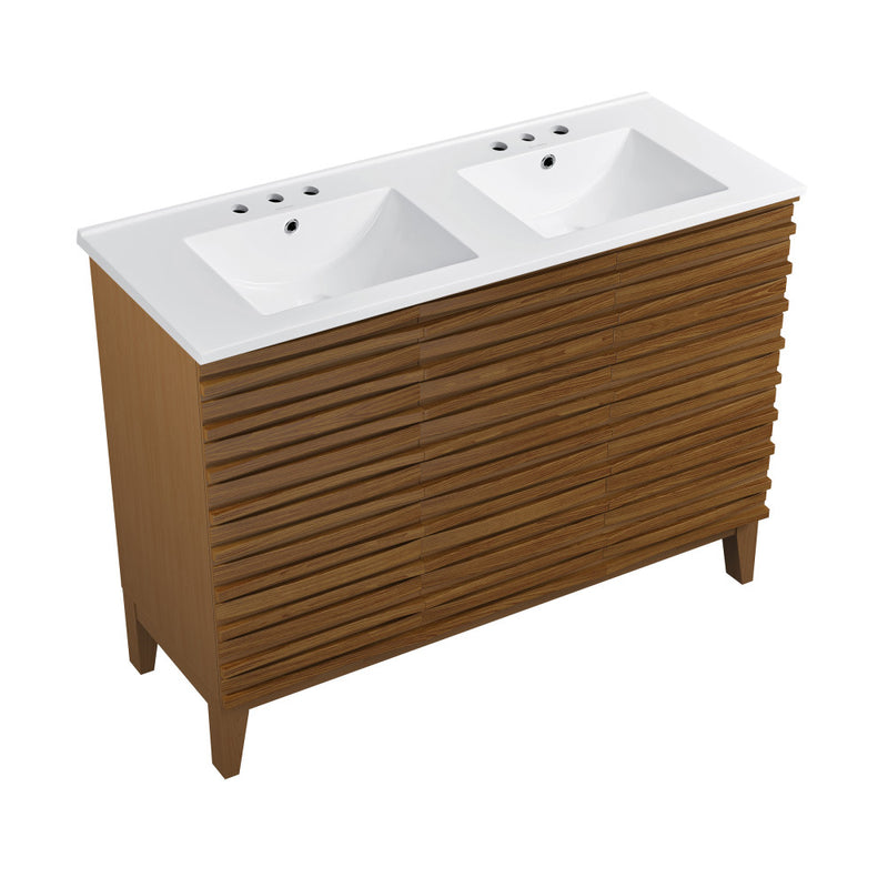 Cascade 48 in. Brown Oak, Double Basin Bathroom Vanity With White, 3-Hole Ceramic Sink Top