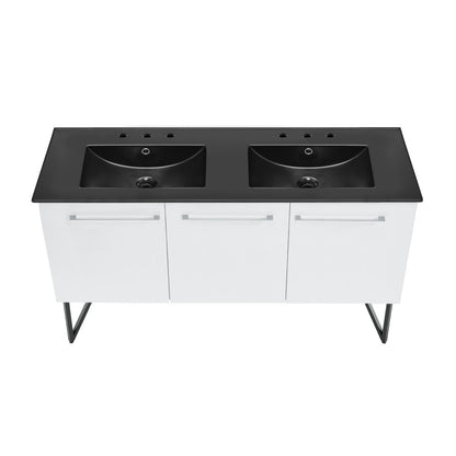 Annecy 60 in. White, Double Basin Bathroom Vanity With Black, 3-Hole Artificial Stone Sink Top