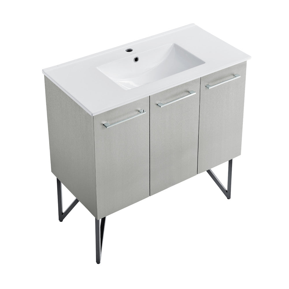 36-inch freestanding bathroom vanity in gray with single sink and soft-close doors.