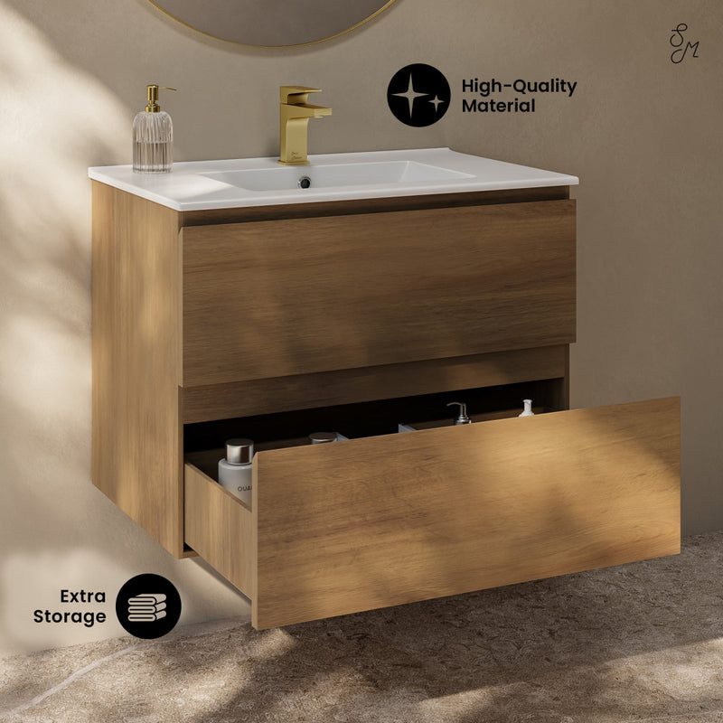 Liberte 30" Wall-Mounted Bathroom Vanity in Brown Oak with Sink Top