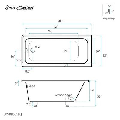 Voltaire 48" x 32" Left-Hand Drain Alcove Bathtub in Bisque