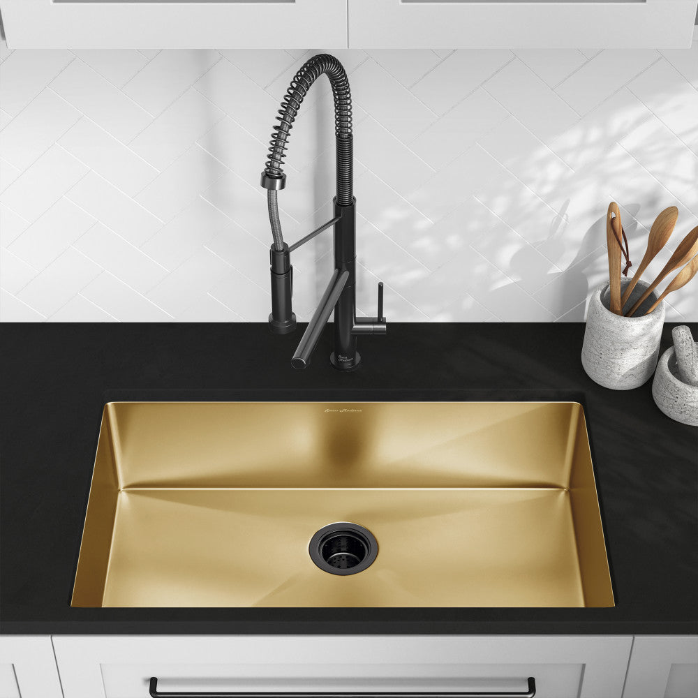 Gold stainless steel undermount single basin kitchen sink, modern rectangular design, 32 x 19 inches.