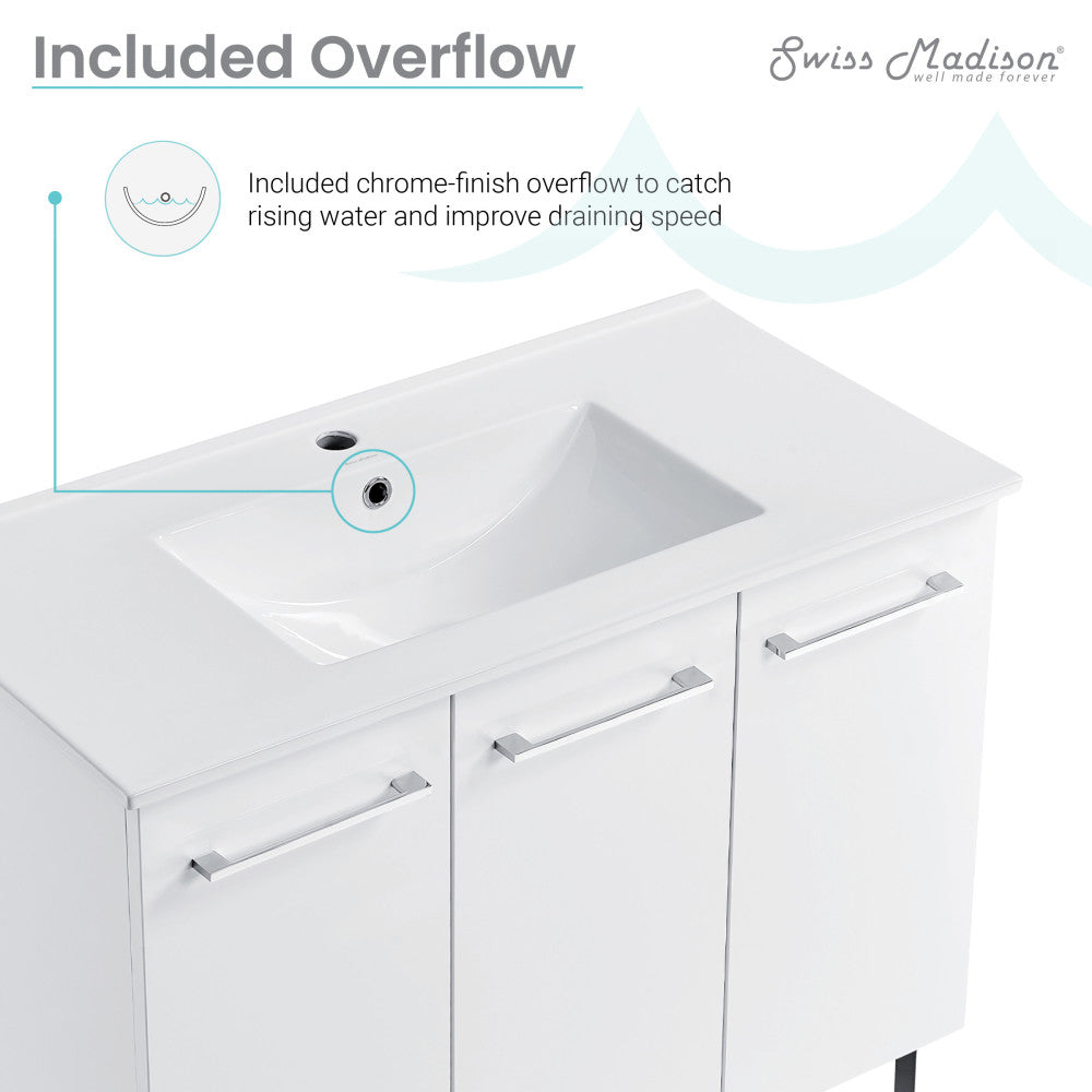36-inch freestanding white bathroom vanity with single sink and chrome finish overflow.