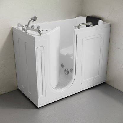 Auvergne 53" x 27" ADA Left Drain Walk-in Soaking Bathtub with Massage Jets in Glossy White, Faucet Set, Drain, Grab Bars, Pillow Included