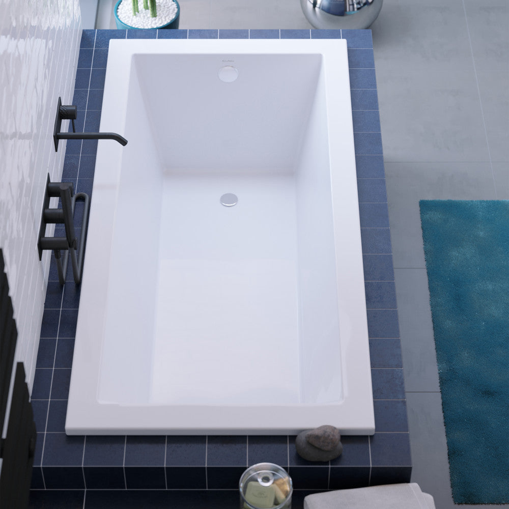 Drop-in rectangular bathtub 60x36 inch, reversible drain, white acrylic finish.