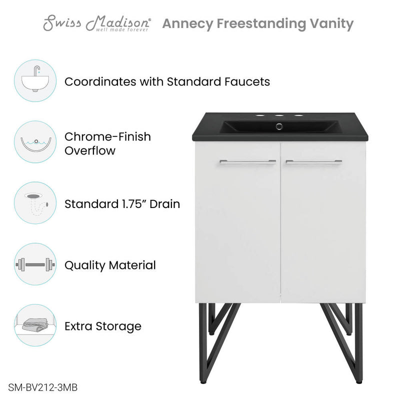 Annecy 24 in. White Bathroom Vanity With Black, 3-Hole Ceramic Sink Top