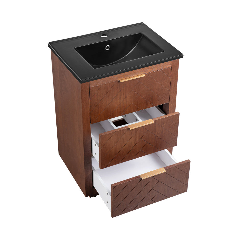 Daxton 24" Freestanding Bathroom Vanity in Brown Oak with Black Sink Top