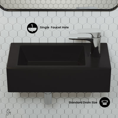 Voltaire 19.5 x 10 Rectangular Ceramic Wall Hung Sink with Right Side Faucet Mount, Matte Black