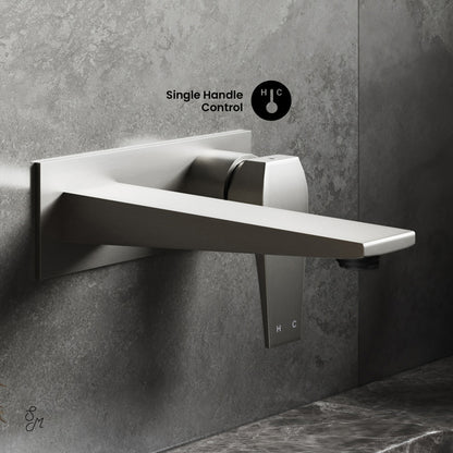 Wall-mount bathroom faucet in brushed nickel, single-handle control, modern rectangular spout design.