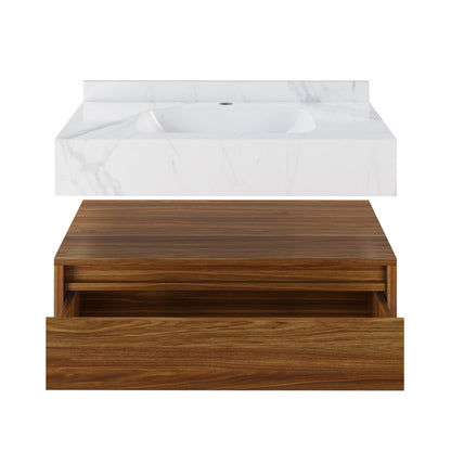 Avancer 36" Wall-Mounted Bathroom Vanity in Brown Oak with White Marble Sink Top