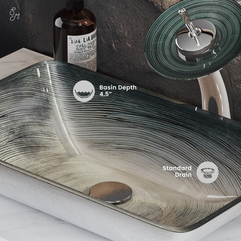 Cascade Rectangular Glass Vessel Sink with Faucet, Smoky Grey