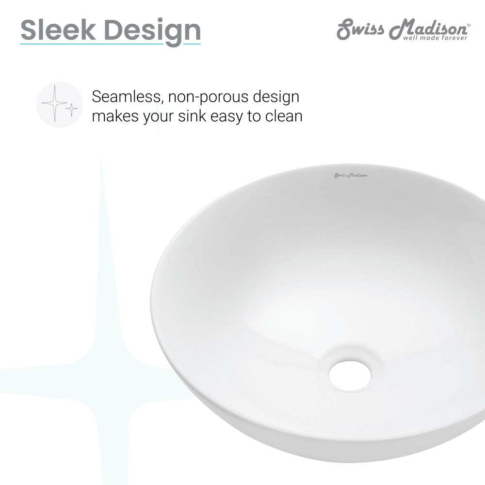 Shiny white ceramic vessel sink with seamless round design and center drain hole.