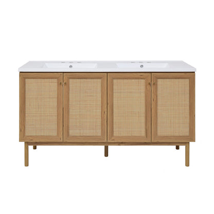 Classe 60" Freestanding Bathroom Vanity in Golden Oak with 3-Hole Widespread Double Basin Sink Top