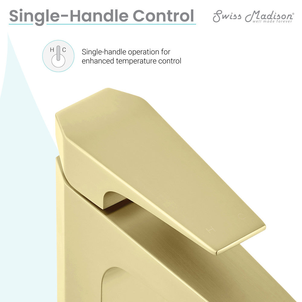 Single-handle bathroom faucet in brushed gold with sleek angular spout and lever handle.