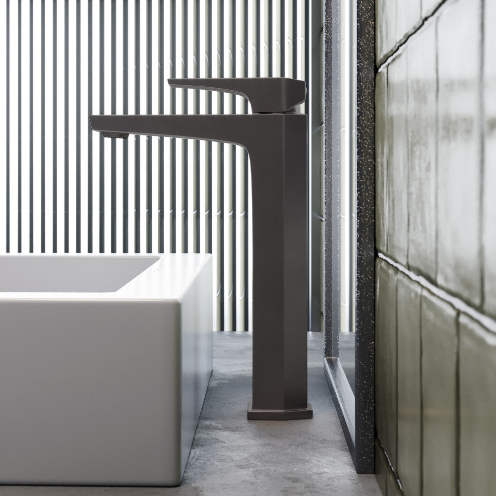 Single-handle high arc bathroom faucet in gunmetal gray, Voltaire collection.