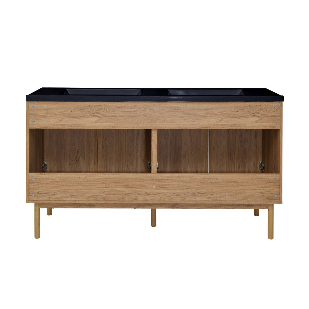 Classe 60" Freestanding Bathroom Vanity in Golden Oak with Black 3-Hole Widespread Double Basin Sink Top