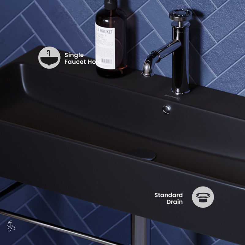 Carre 36 Ceramic Console Sink Matte Black Basin Chrome Legs