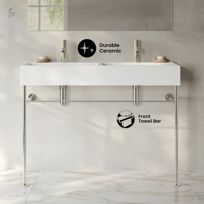 Claire 48" Double Basin Console Sink with Polished Chrome Legs