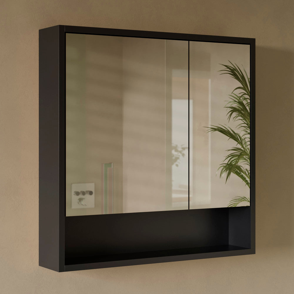 Delice 30 x 30 Rectangle Wall Mount Medicine Cabinet in Satin Black with Open Shelf