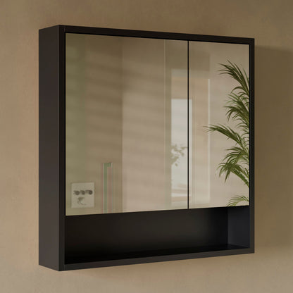 Delice 30 x 30 Rectangle Wall Mount Medicine Cabinet in Satin Black with Open Shelf