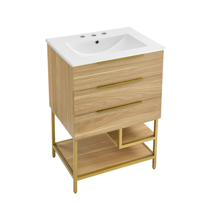 Carre 24 in. Golden Oak Bathroom Vanity with White, 3-Hole Ceramic Sink Top