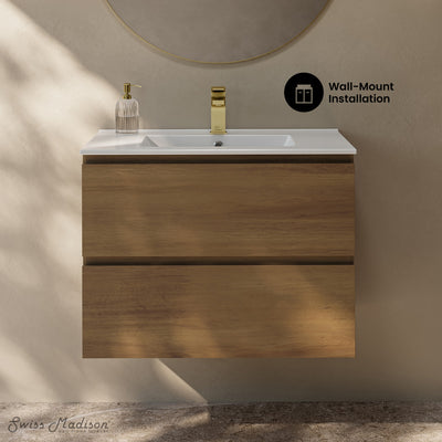 Liberte 30" Wall-Mounted Bathroom Vanity in Brown Oak with Sink Top