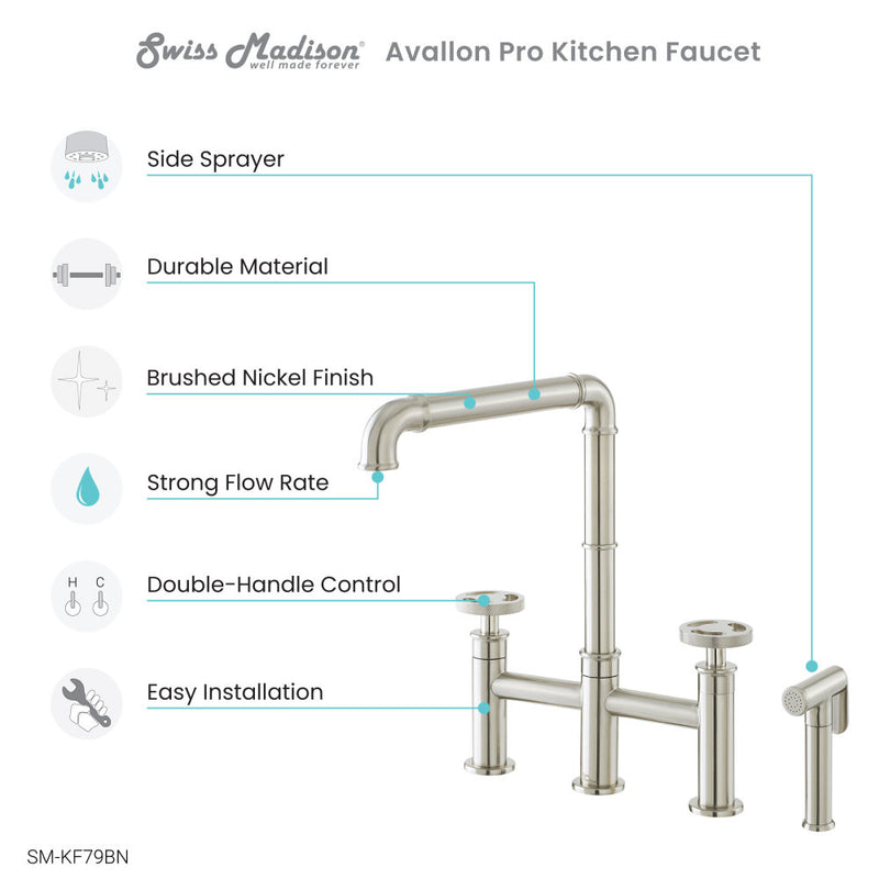 Avallon Pro Widespread Kitchen Faucet with Side Sprayer in Brushed Nickel