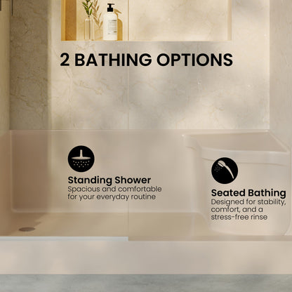 Aquatique 60" x 32" Single Threshold Shower Base With Left Hand Drain and Integral Right Hand Seat in Biscuit