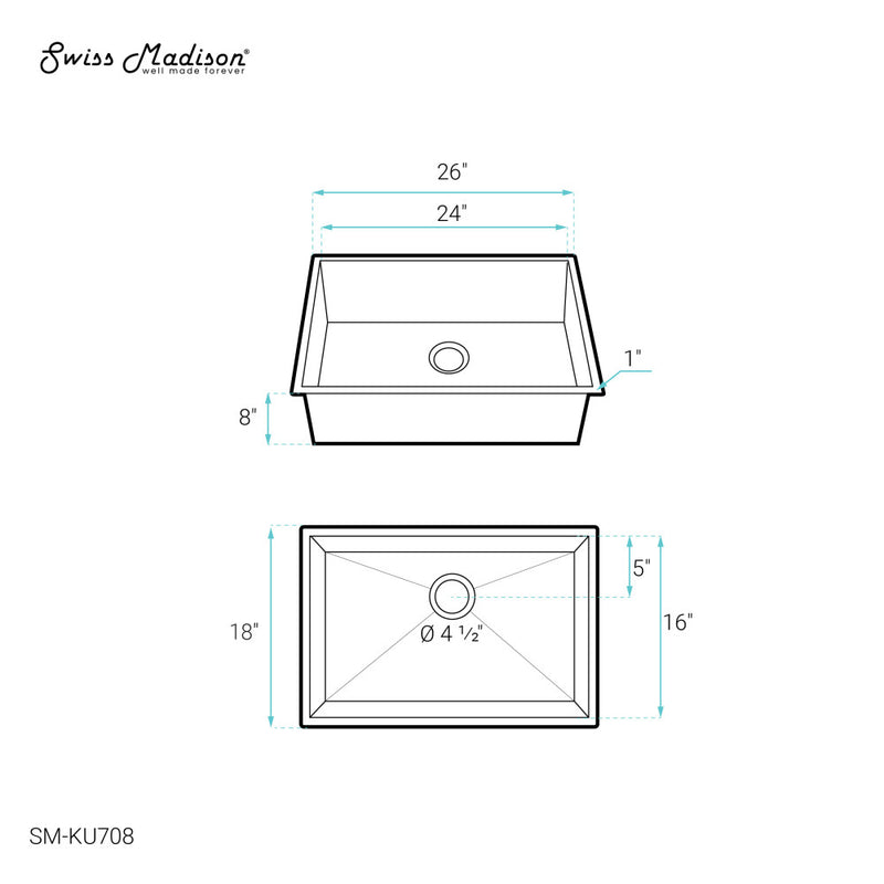 Tourner 26 x 18 Stainless Steel, Single Basin, Undermount Kitchen Sink