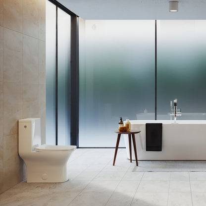 Elongated one-piece square toilet with dual-flush and touchless feature in white porcelain.