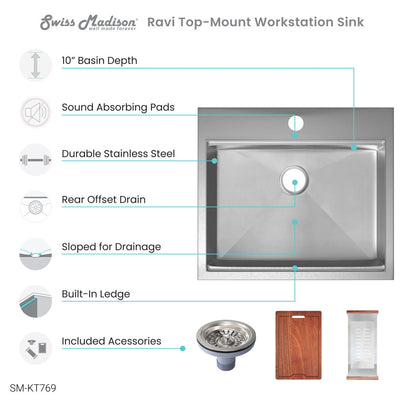 Ravi Single Basin 25 x 22 Topmount Kitchen Workstation Sink