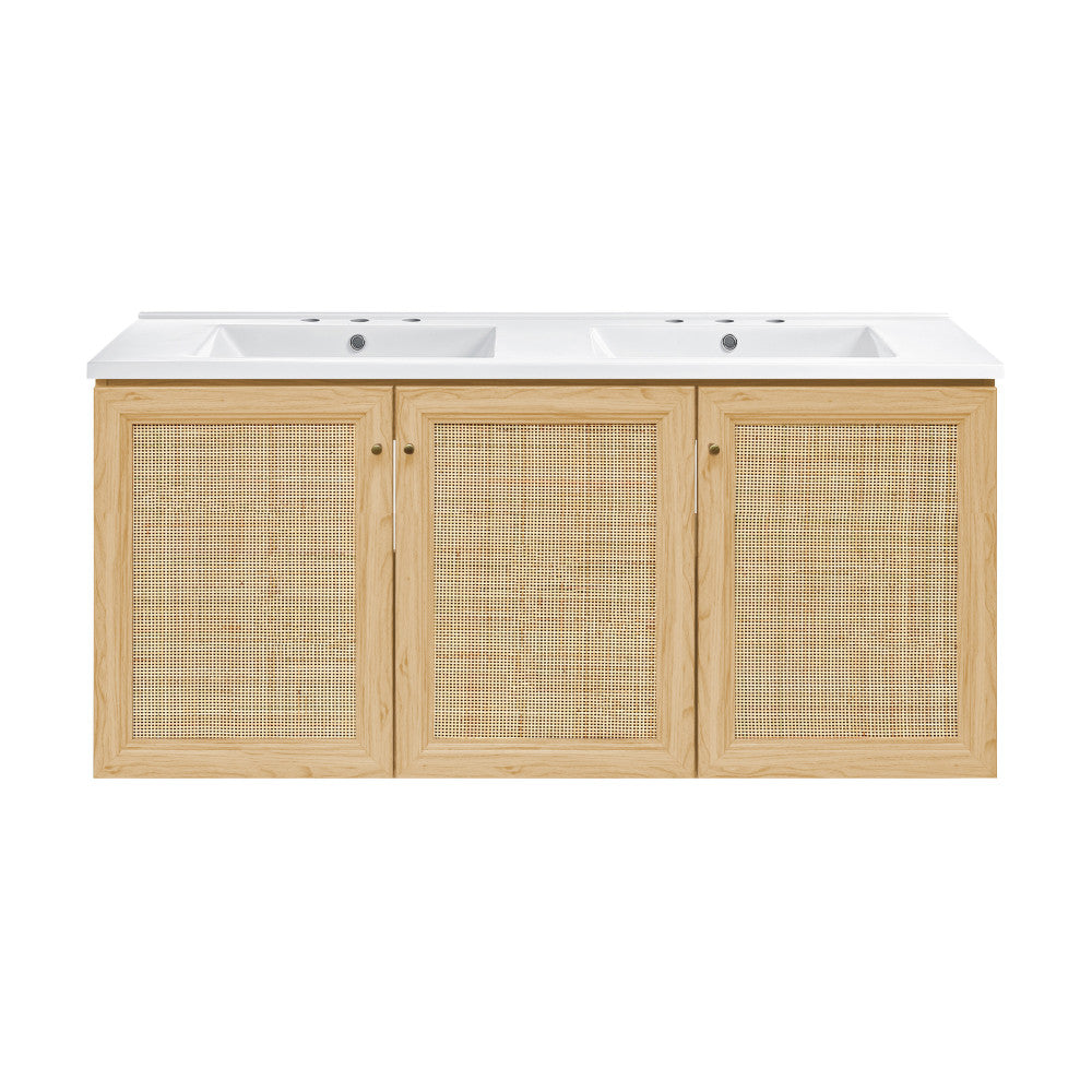 Classe 48" Wall-Mounted Bathroom Vanity in Natural Oak with 3-Hole Centerset Double Basin Sink Top