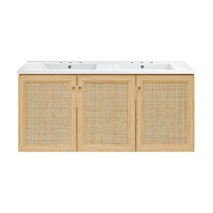 Classe 48" Wall-Mounted Bathroom Vanity in Natural Oak with 3-Hole Centerset Double Basin Sink Top