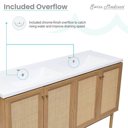 60-inch freestanding bathroom vanity in golden oak with double basin sink top and soft-close doors.