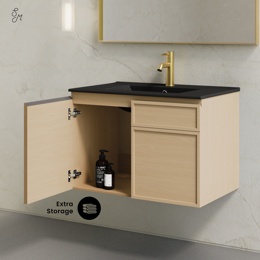 St. Tropez 30" Wall-Mounted Bathroom Vanity in Natural Oak with Black Sink Top