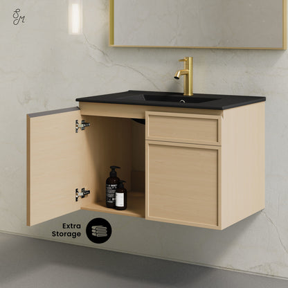 St. Tropez 30" Wall-Mounted Bathroom Vanity in Natural Oak with Black Sink Top