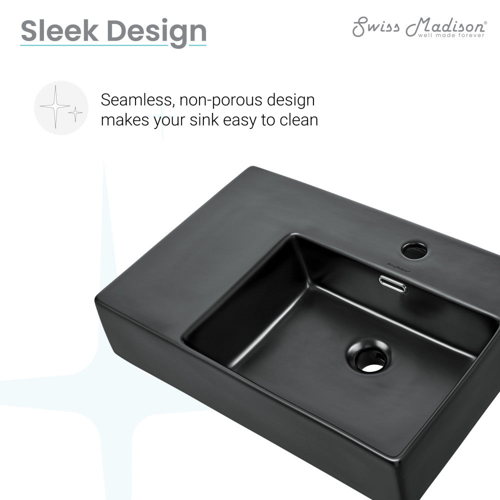 24 x 18-inch matte black ceramic wall-hung sink with right side mount and rectangular basin.